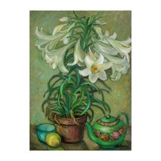Mid Century Lilies and Teapot Still Life in Oil on Masonite by Helen Enoch Gleiforst For Sale