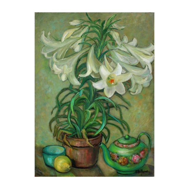 Mid Century Lilies and Teapot Still Life in Oil on Masonite by Helen Enoch Gleiforst For Sale