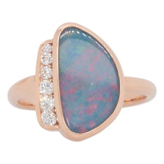3.37cts Boulder Opal Ring With Natural Diamonds Accents: Solid 14k Rose Gold For Sale