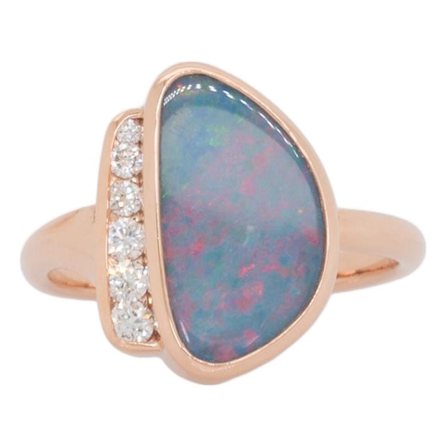 3.37cts Boulder Opal Ring With Natural Diamonds Accents: Solid 14k Rose Gold For Sale