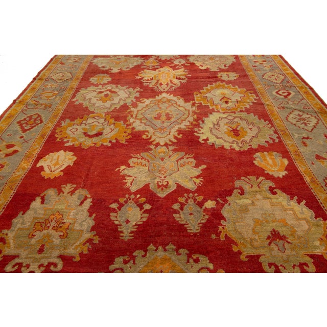 Red Turkish Oushak Antique Wool Rug Handmade in Red Featuring a Floral Design For Sale - Image 8 of 11