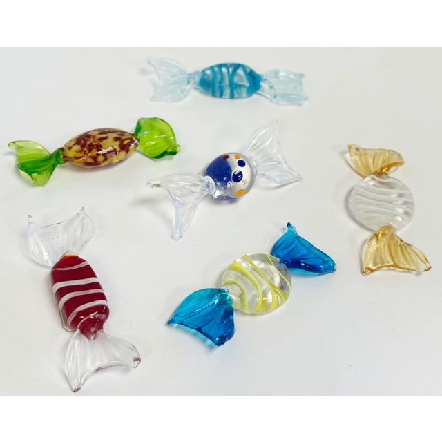 Vintage set of six (6) colorful Murano blown glass wrap candies in a rich variety of shapes and colors. Five total, each...