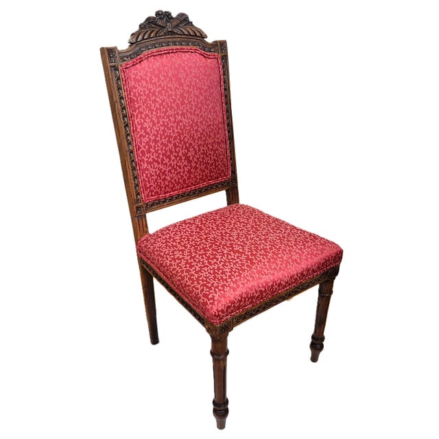 French Pair Antique French Louis XVI Carved Walnut Upholstered Side Chairs For Sale - Image 3 of 14