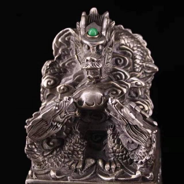 1960s Large Chinese Dragon Seal Sculpture - Antiqued Metal Desk Statue With Green Stone Inlay For Sale - Image 4 of 9
