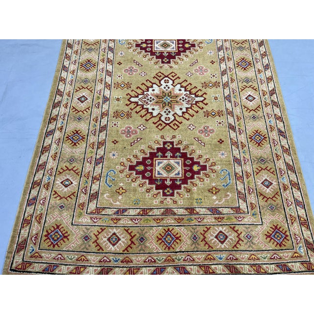 Golden Beige Kazak Tribal Wool Rug With Three Medallions, 4'2" X 5'9" For Sale - Image 6 of 14