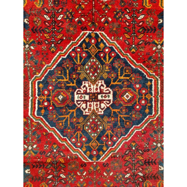 Vintage Persian Qashqai Tribal Area Rug, Hand-Knotted Wool, Vegetable Dye, Geometric Medallions, 6x8, Red & Navy For Sale - Image 10 of 15