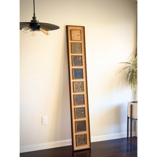 Oversized Tall Vertical Textile Panel With Batik Insets and Grasscloth Backing, Carved Custom Wood Frame, Architectural Wall Art For Sale - Image 4 of 12