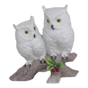 Andrea by Sadek Japan Porcelain Two White Snow Owls on a Branch Figurine
