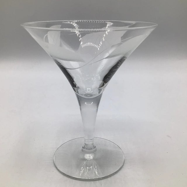 Silver Vintage Newport Silver Serving Tray With 3 Sets of 2 Each Leaf Etched Crystal Cocktail Glasses-Set of 7 For Sale - Image 8 of 13