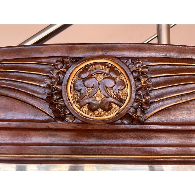 French Art Nouveau Carved Wood l Mantle Wall Mirror Glass Embossed For Sale - Image 13 of 18