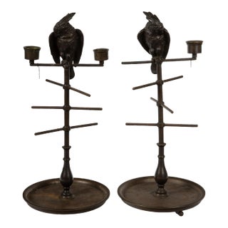 19th Century Parakeet Perch Inkwell Candlesticks: Ink 'n' Perch Delight! - A Pair For Sale