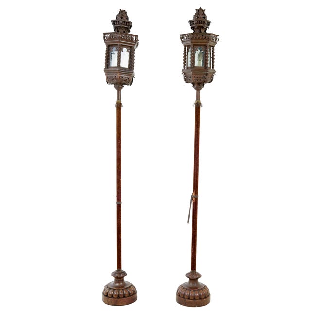 Pair of late 19th century copper Venetian lamps on poles, circa 1890. Hexagonal in shape with original glass, later...