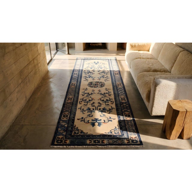 1900s Beige Medallion Antique Chinese Peking Rug 3' 2" X 11' 6" Handknotted Wool Pile Wool Carpet For Sale In New York - Image 6 of 7