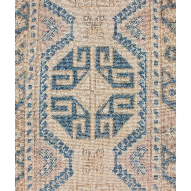 Tribal Vintage Turkish Oushak Runner in Soft Blue and Warm Beige Tones For Sale - Image 3 of 10
