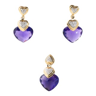 Amethyst Diamond Gold Drop Earrings and Matching Pendant Suite - 3 Pieces For Sale