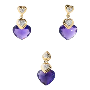 Amethyst Diamond Gold Drop Earrings and Matching Pendant Suite - 3 Pieces