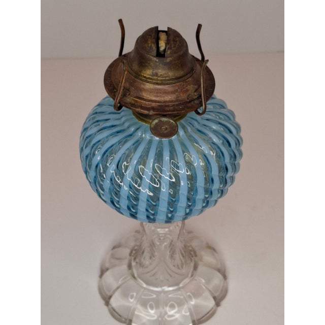 Glass Late 19th Century Rare Thuro Collection Sheldon Swirl Opalescent Kerosene Oil Lamp Blue Reverse For Sale - Image 7 of 18