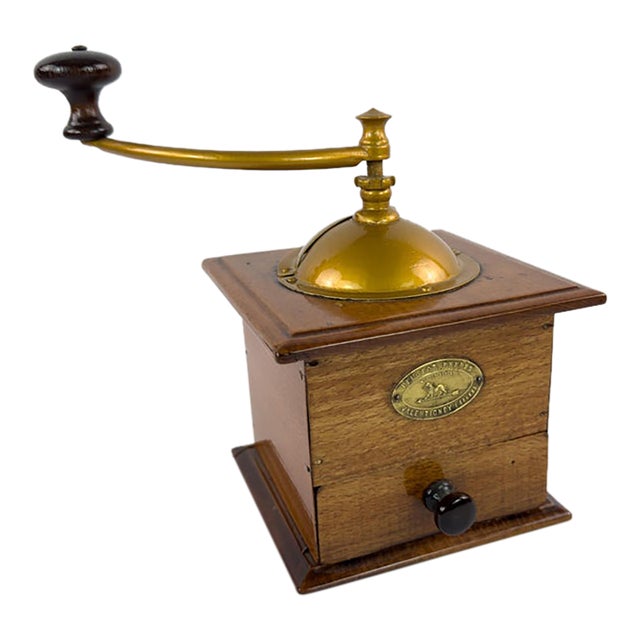 Antique French Peugeot Frères Wooden Coffee Grinder With Gold-Tone Hopper – Early 20th Century For Sale