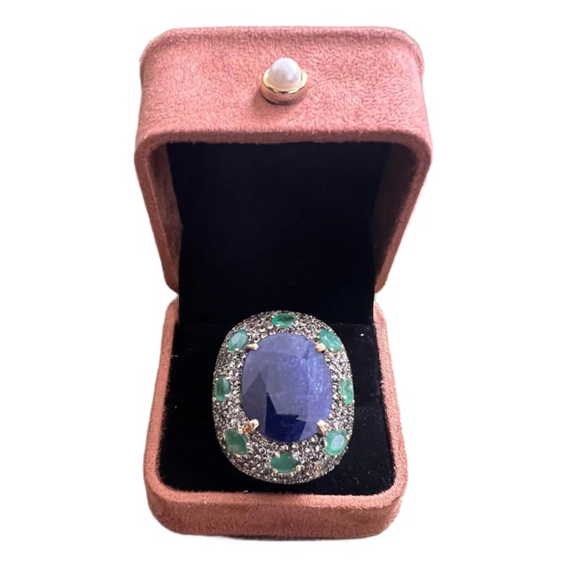 Bochic “Orient” Vintage Sapphire & Emerald Ring Set In 18K Gold & Silver For Sale