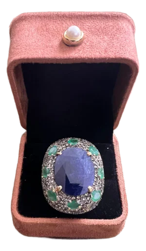Bochic “Orient” Vintage Sapphire & Emerald Ring Set In 18K Gold & Silver