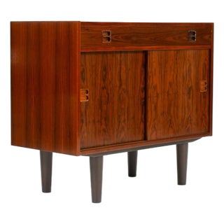 1960s Danish Modern Mid Century Compact Rosewood Credenza Sideboard — Sliding Doors + Shallow Drawer For Sale