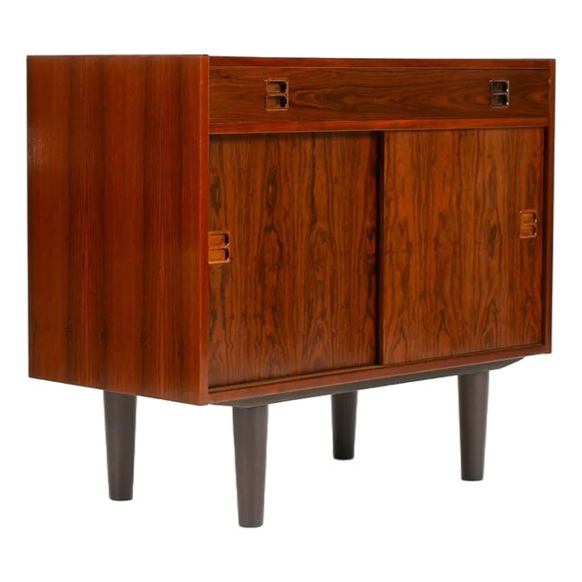 1960s Danish Modern Mid Century Compact Rosewood Credenza Sideboard — Sliding Doors + Shallow Drawer For Sale