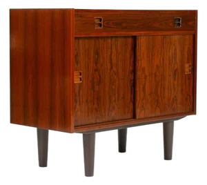 1960s Danish Modern Mid Century Compact Rosewood Credenza Sideboard — Sliding Doors + Shallow Drawer