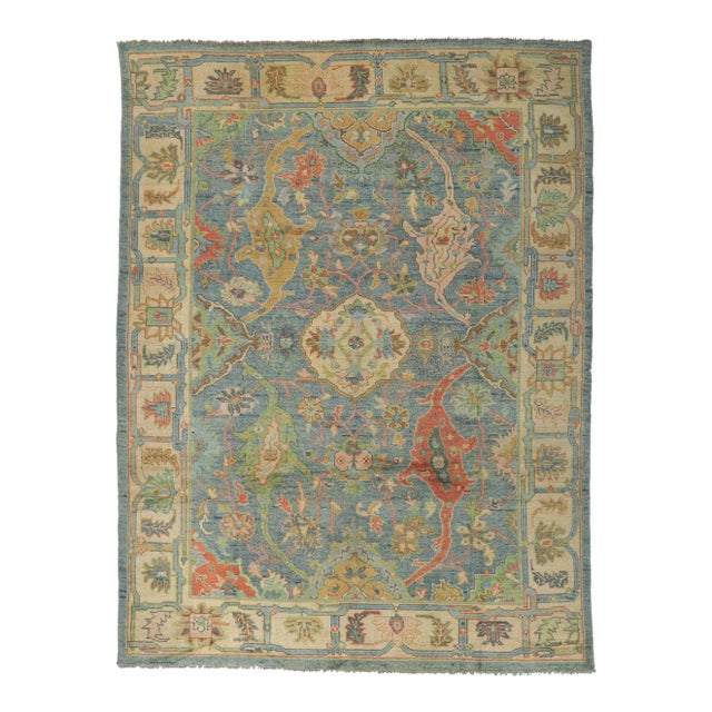 Vintage Blue Colorful Oushak Rug - 9'00 X 11'10 For Sale