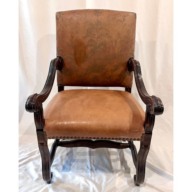 Brown 20th Century Louis XIII Style Tooled Leather Os De Mouton Armchair For Sale - Image 8 of 14