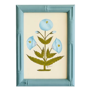 Hand-Painted Jaipuri Blue Floral Motif Painting. Framed For Sale