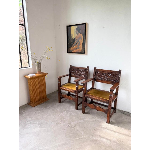 Antique pair of haute epoque or spanish style armchairs, made of carved solid oak. french furniture, with their stamps...