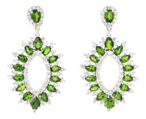 7.00 Carat Chrome Diopside White Topaz Silver Earrings, A Pair