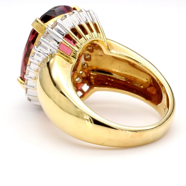 18.75 Carat Cushion Cut Pink Tourmaline & Diamond Halo Set 18k Yellow Gold Ring, Size 8 For Sale In Miami - Image 6 of 11