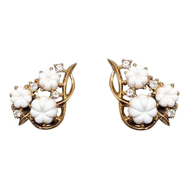 Vintage Signed Crown Trifari White Melon Shaped Rhinestones Clip Earrings- 2 Pieces For Sale