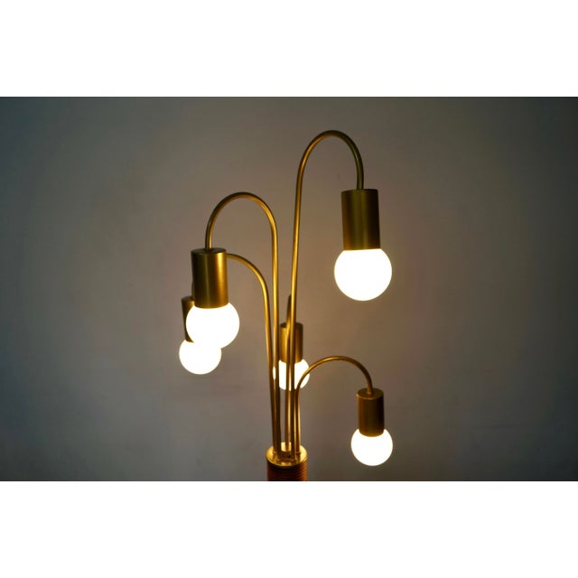 Brown 1970’s Mid-Century Modern Rattan & Gold Waterfall Floor Lamp For Sale - Image 8 of 12