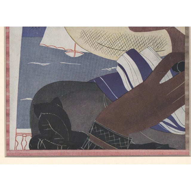 Matted French Art Deco Print-Woman & Sail Boat For Sale - Image 4 of 5
