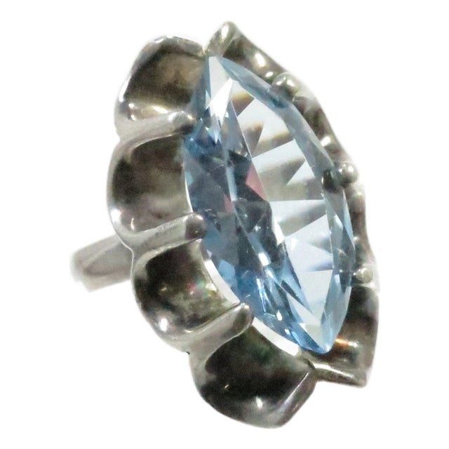 Vintage Sterling & Blue Topaz Ring Mexico 1960s, Size 9.75 For Sale