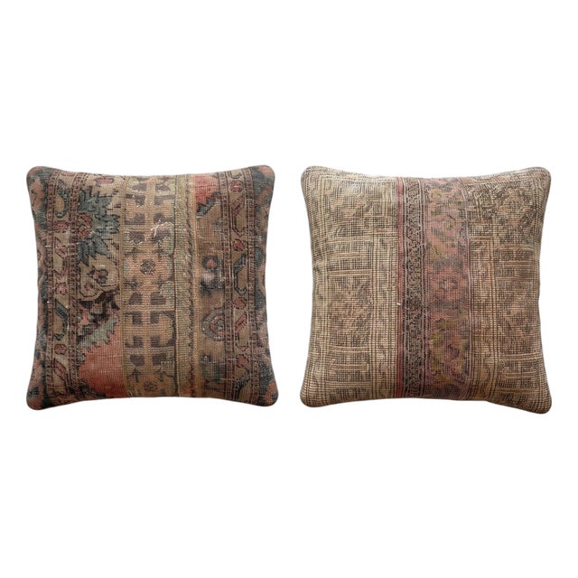 Muted Turkish Rug Pillow Cover 24'' X 24'' - Set of Two For Sale