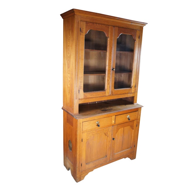 Farmhouse Antique Oak Stepback Farmhouse Hutch Cupboard Pie Safe Kitchen Cabinet For Sale - Image 3 of 14