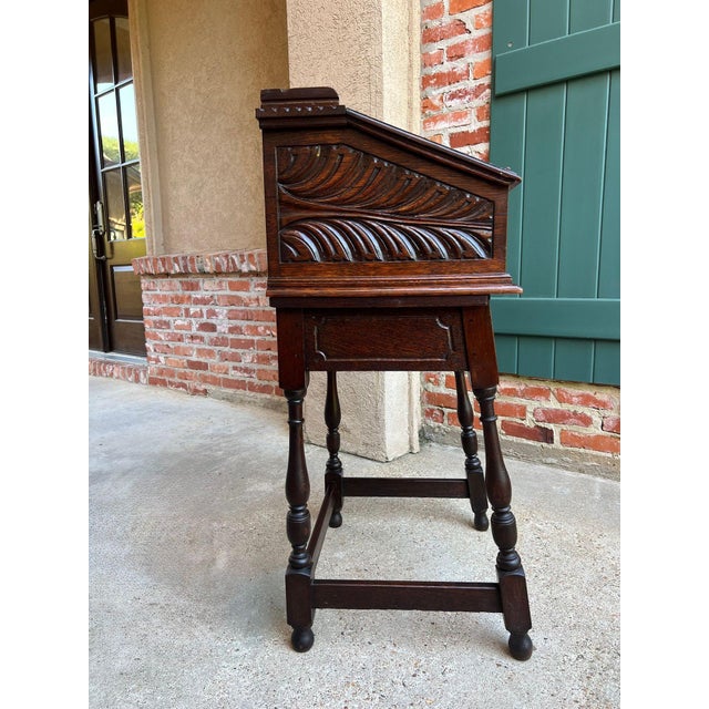 Brown Antique English Slant Front Desk Display Stand Jacobean Carved Tiger Oak Lectern For Sale - Image 8 of 18