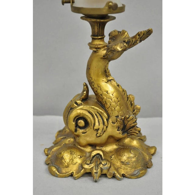 Art Nouveau Antique French Art Nouveau Small Gold Gilt Metal Figural Dolphin Table Lamp For Sale - Image 3 of 11