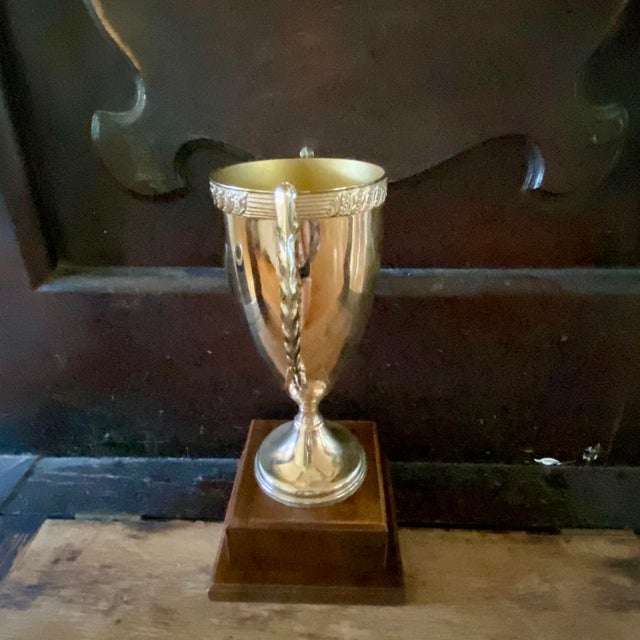 Traditional Classic Gold-Tone Metal Loving Cup Trophy Mounted on a Tiered Walnut Wood Base. For Sale - Image 3 of 13