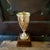 Traditional Classic Gold-Tone Metal Loving Cup Trophy Mounted on a Tiered Walnut Wood Base. For Sale - Image 3 of 13