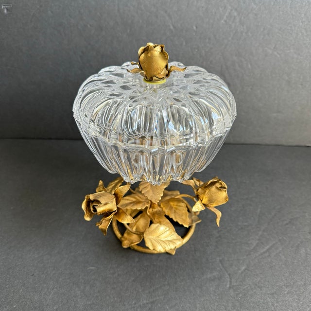 Vintage Italian Gilded Bowl With Lid Lidded Crystal Pedestal Candy Dish Gold Rose A stunning mid century era decorative...