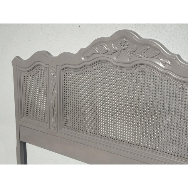 Wood Vintage by Drexel ~ French Country Gray Ornate Cane Queen Headboard For Sale - Image 7 of 15