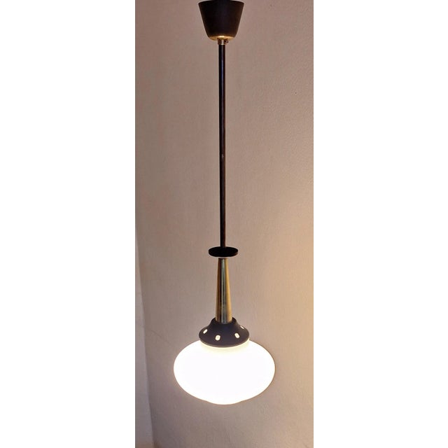 Mid-Century Modern Mid-Century Brass and Black Lacquered Metal Ceiling Lamp with White Opaque Glass Shade, 1960s For Sale - Image 3 of 8