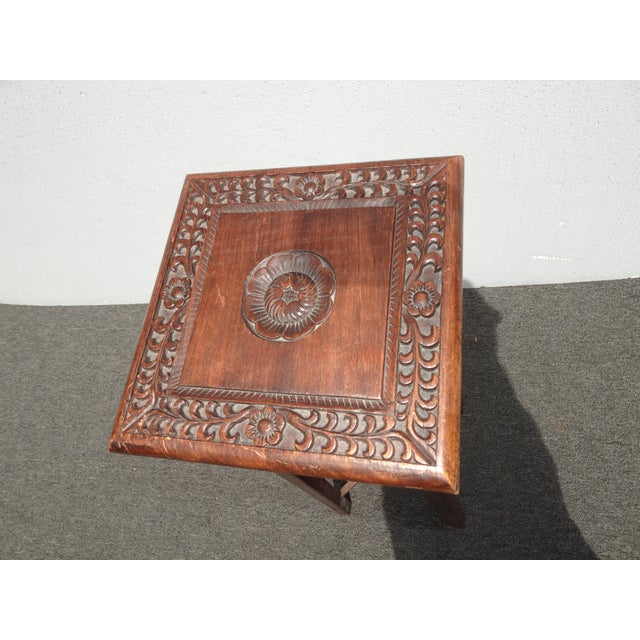 Wood Vintage Oriental Asian Solid Highly Carved Wood Brown Plant Stand Side Table For Sale - Image 7 of 10