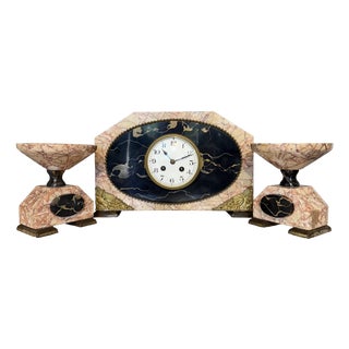 Large Art Deco Table Clock in Pink Marble, 1930s, Set of 3 For Sale