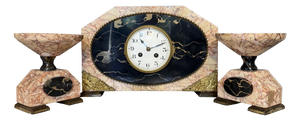 Large Art Deco Table Clock in Pink Marble, 1930s, Set of 3