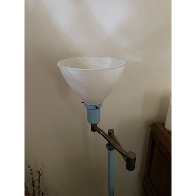 Art Deco Vintage 1930s Art Deco Cast Brass and Blue Enamel Bridge Swing-Arm Floor Lamp For Sale - Image 3 of 5
